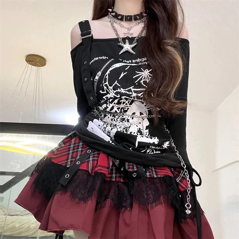 Black Drawstring Off-Shoulder Long Sleeve Tee Y2K Top