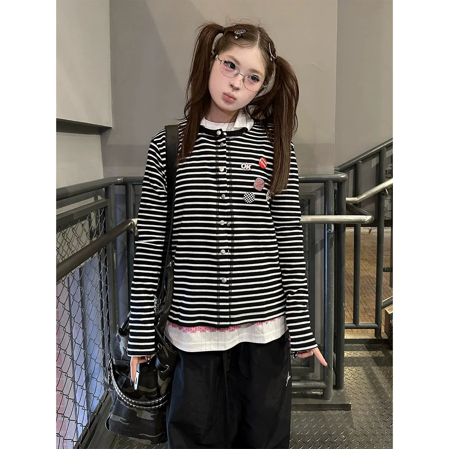 Retro Black White Striped Knit Cardigan Loose Fit