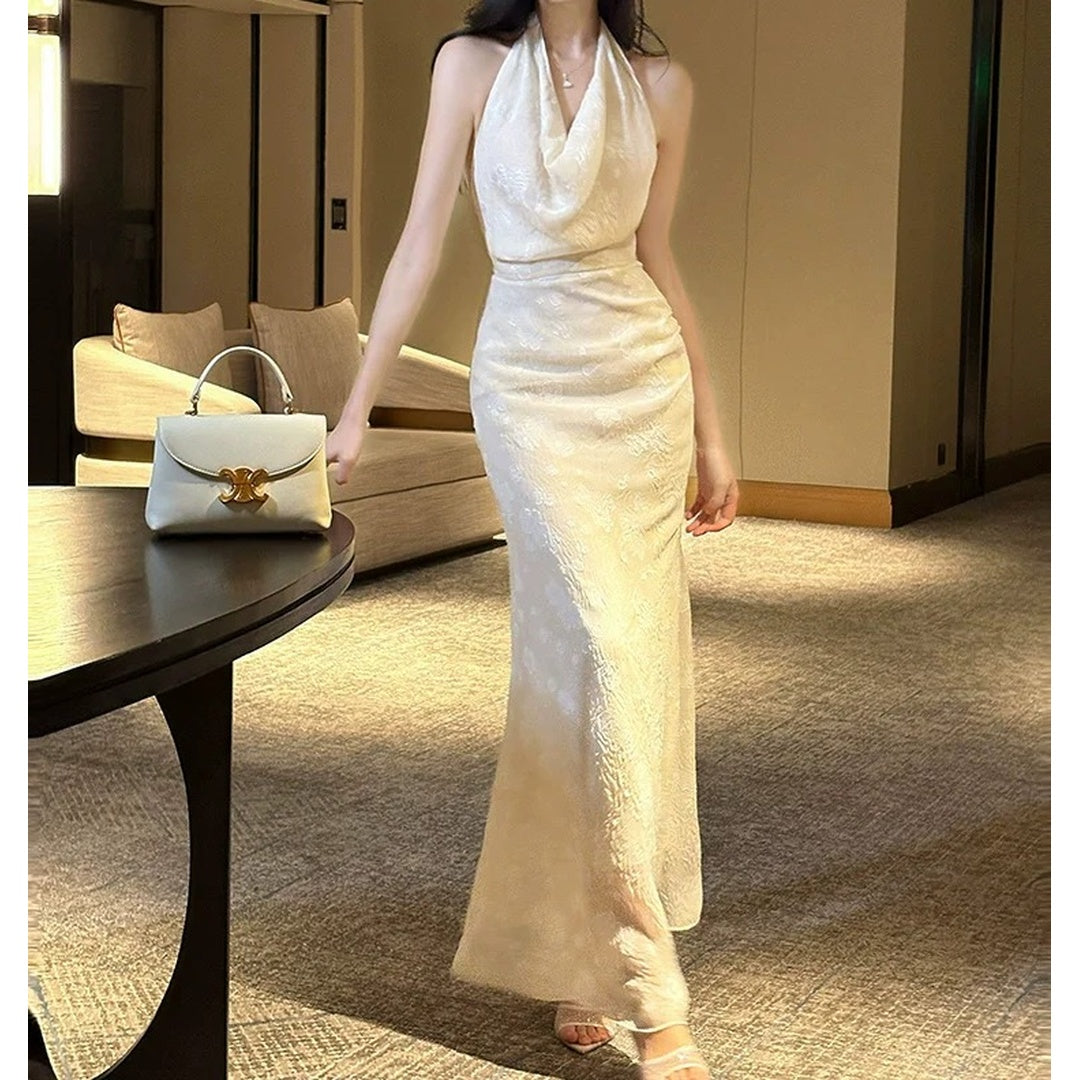 French Spaghetti Strap Draped Back Gown Dress