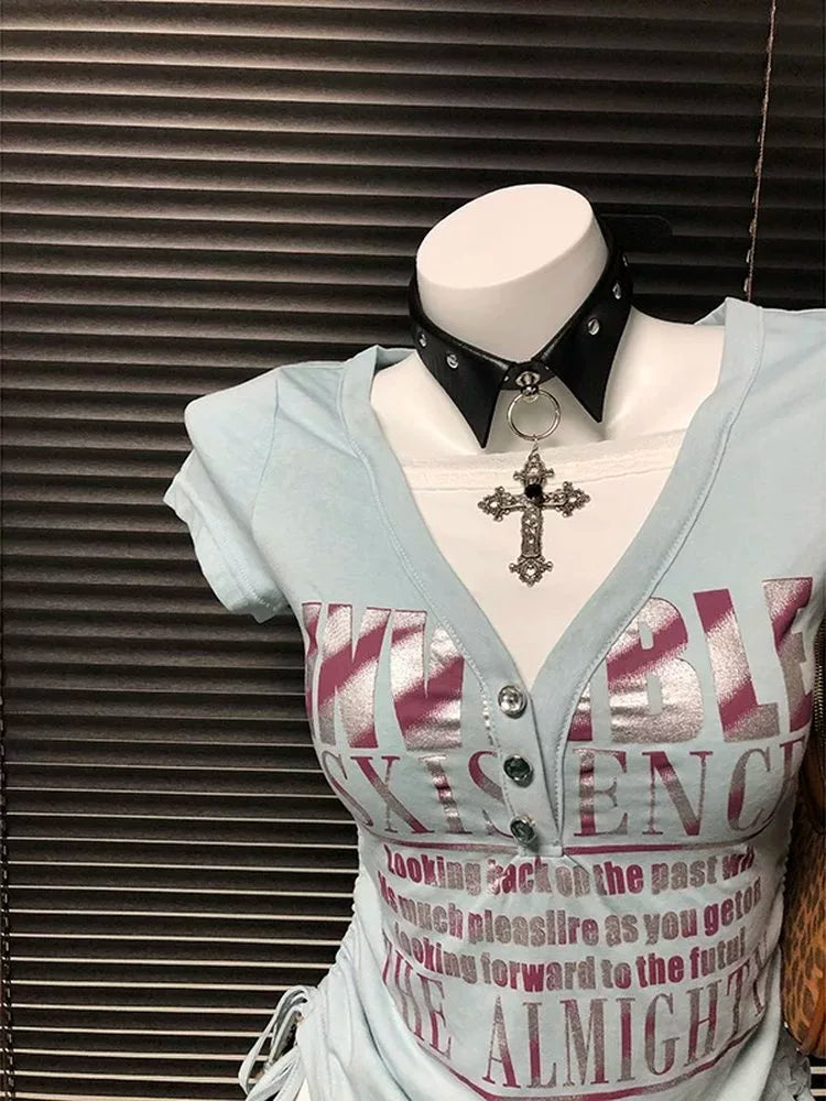 Blue Subculture Y2K E-girl Abi American Retro Drawstring Fake Two-Piece Vintage Short Sleeve Top