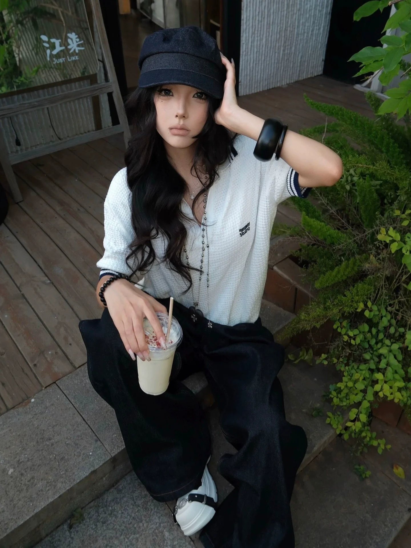 White Cutout V Neck Polo Knit Short Sleeve Top