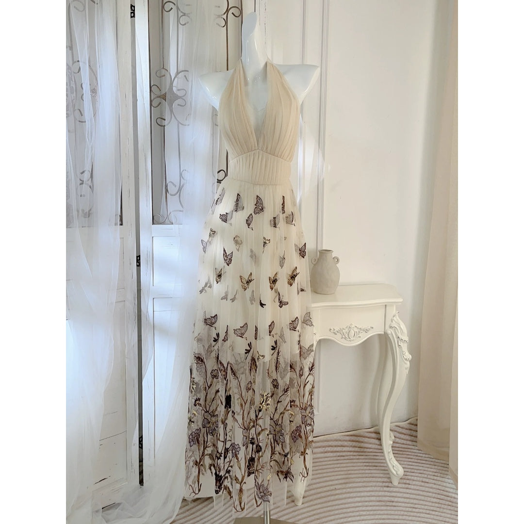Butterfly Dream V-Neck Spaghetti Gown Dress – French Resort Dress