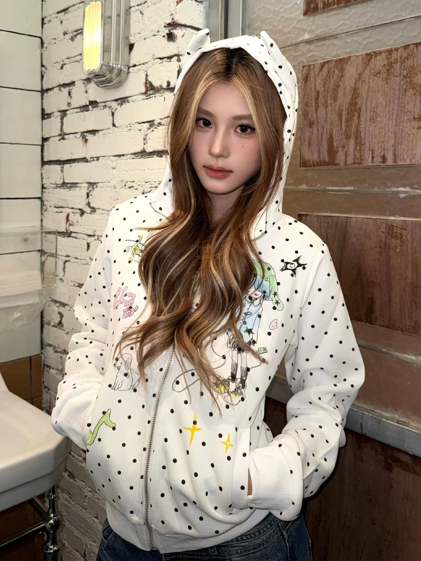 Light Y2K Devil Horn Hoodie Polka Dot Zip Top