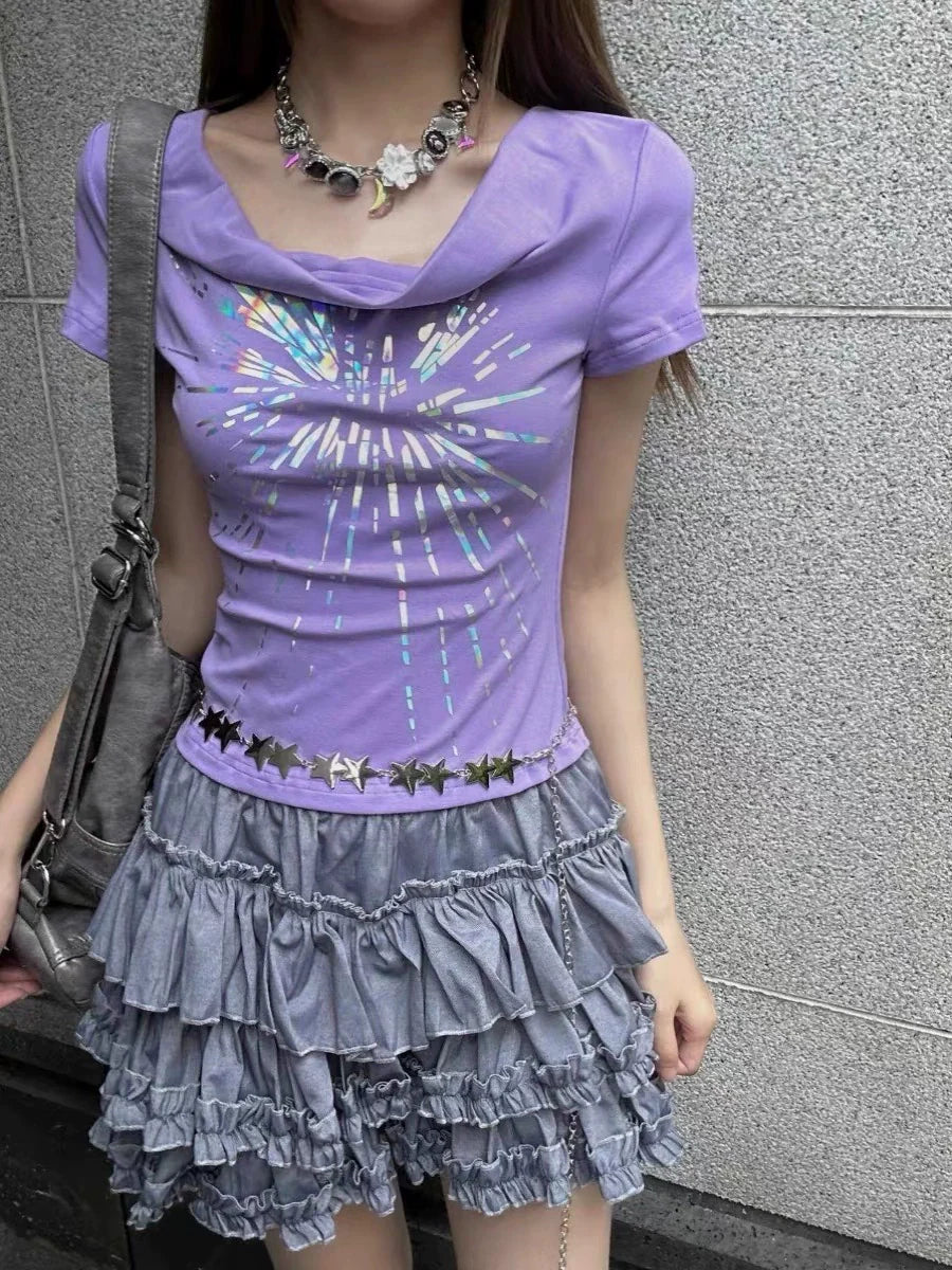 Purple American Vintage Cowl-Neck Waist-Cinched Light Subculture Y2K T-Shirt