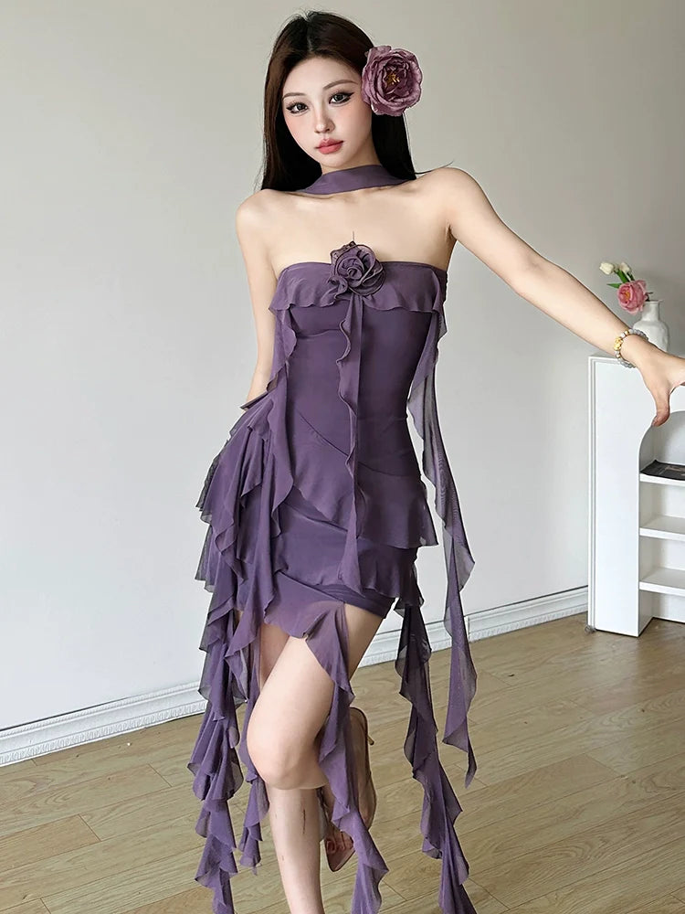 Unique Vibrant Purple Halter Dress With Ruffle Sash & Asymmetrical Hem