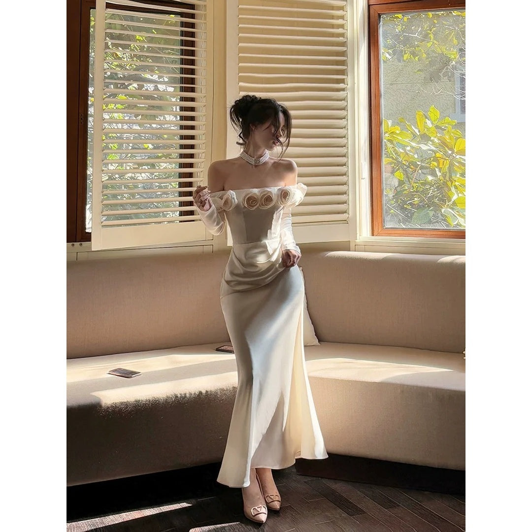 Satin Rose Embroidery Long Sleeve Gown Dress