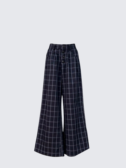 Retro Plaid Wide Leg Pants Women Autumn Loose Fit