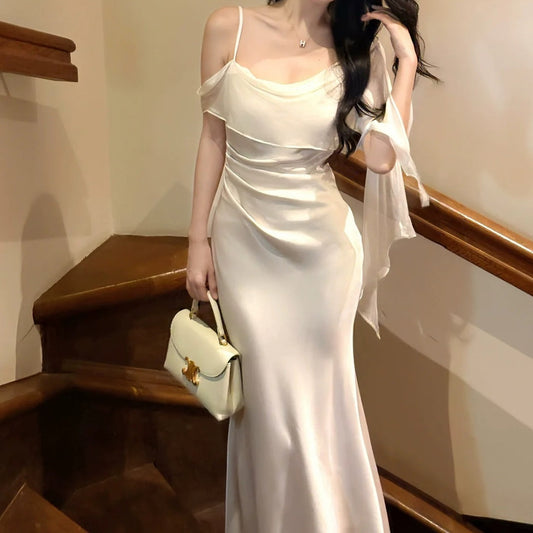 French Satin Spaghetti Strap Luxury Party Gown Dress