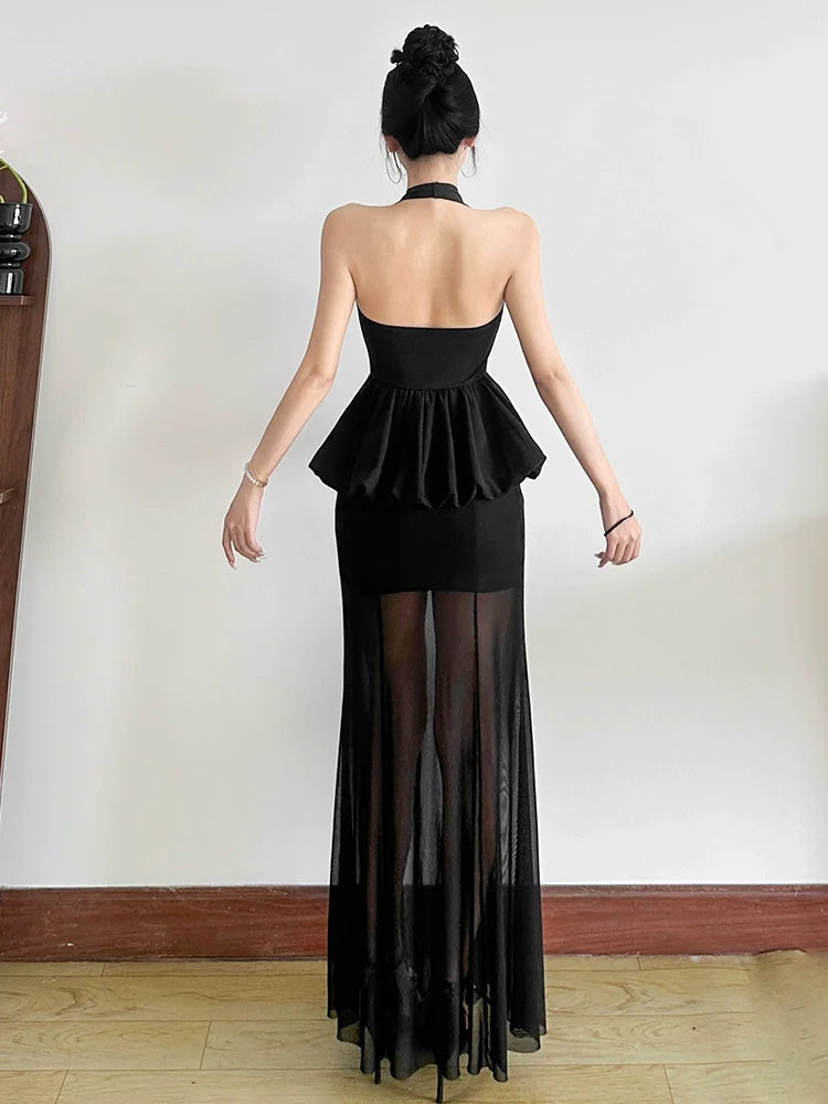 Mature Elegant Black V-Neck Halter Tulle-Paneled Sheer Fake Two-Piece Maxi Dress