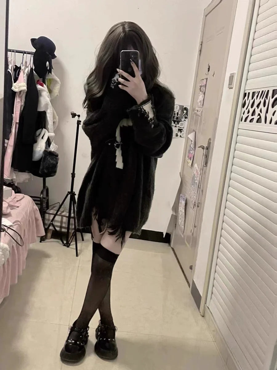 Y2K Punk Cross Distressed Mid-Length Sweater