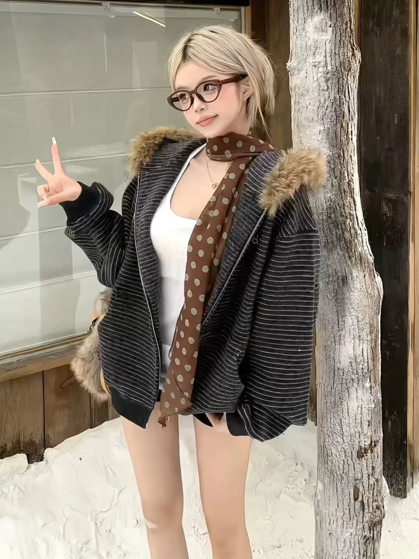 American Vintage Fur Collar Sweatshirt Jacket Heavy Fleece Striped Outerwear Warm Loose Top