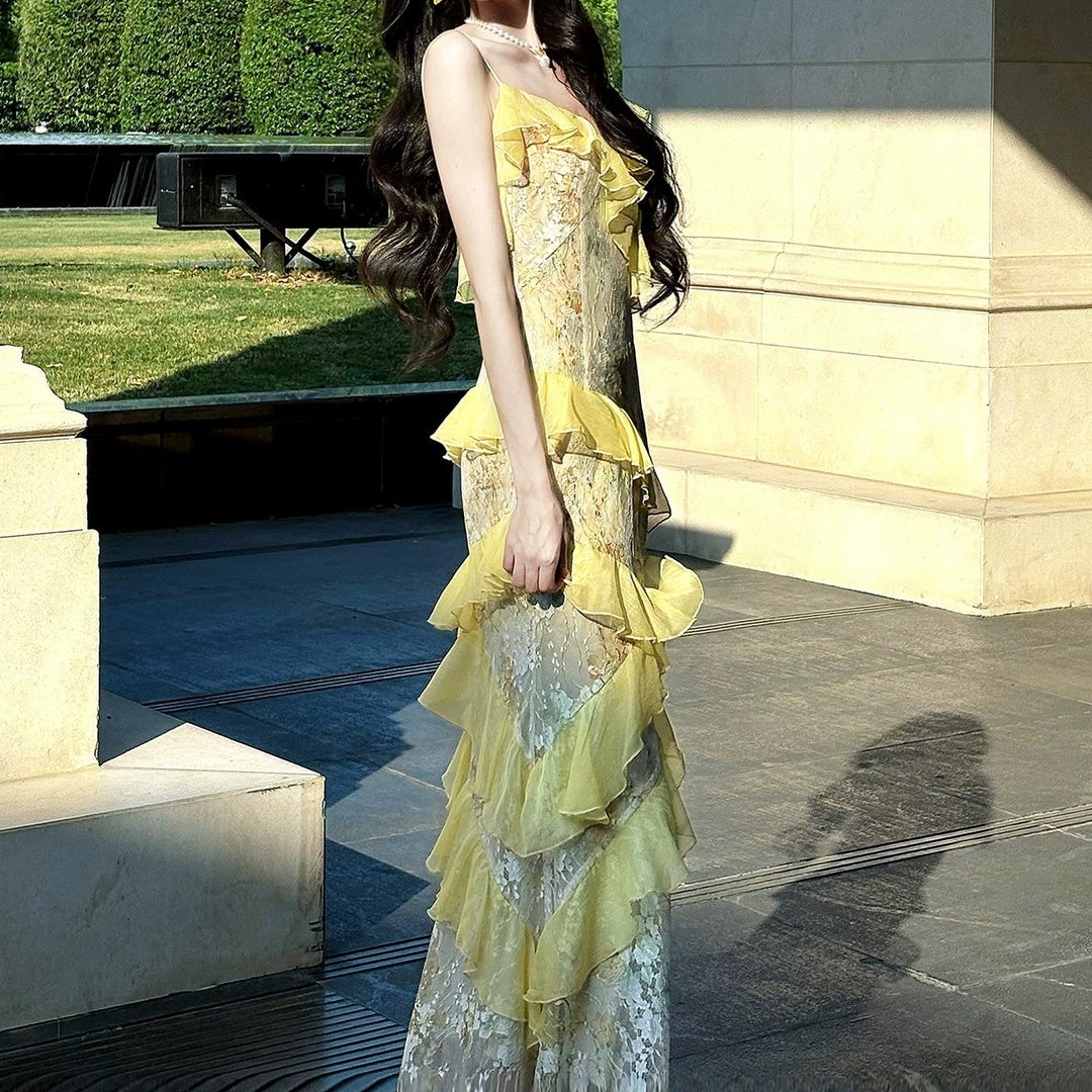 Floral Asymmetrical Ruffle Lace Halter Gown Dress