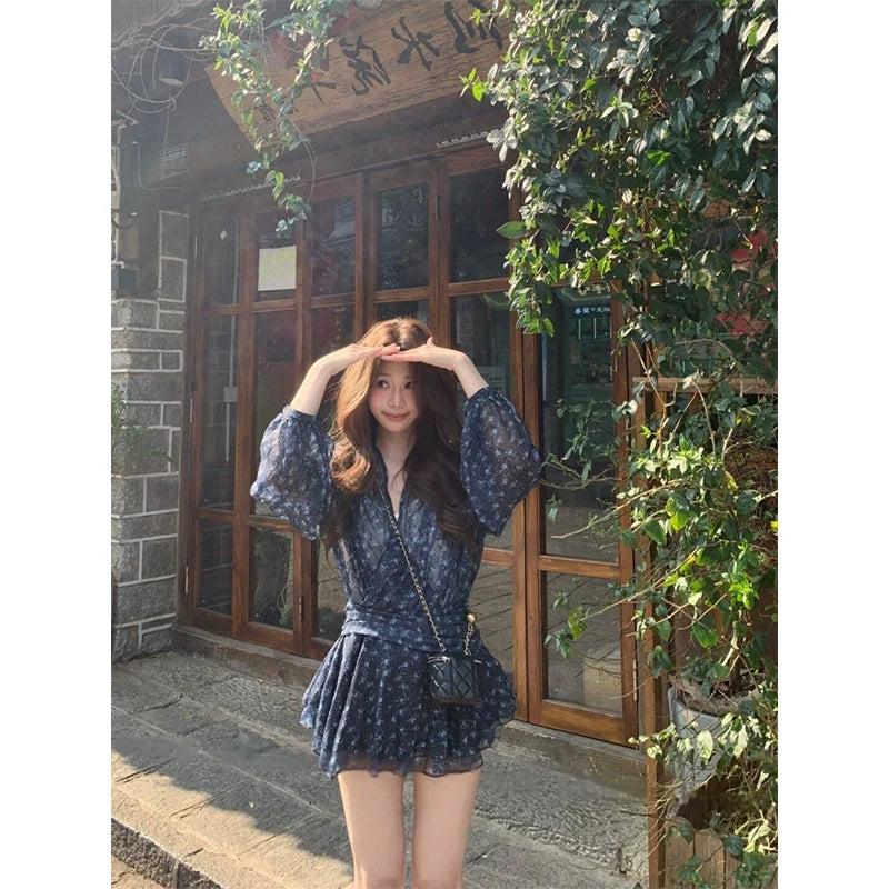 French Floral V-Neck Chiffon Long-Sleeve Waist-Cinched Mini Dress