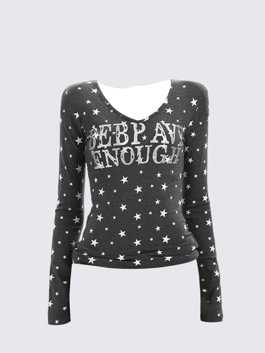 Star Print V Neck Long Sleeve Tee