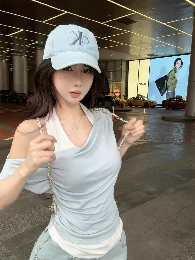 Blue Fake Two-Piece Subculture Y2K E-girl Light Subculture American Retro Fake Two-Piece Short Sleeve Top