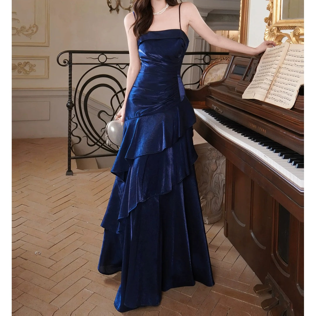 French Blue Spaghetti Strap Waist Gown Dress – Slim Fit Evening Dress