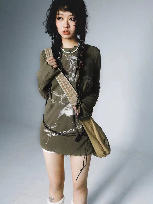 Herbal Green Punk Y2K E-girl Mid-Length Print Slim-Fit Covering-Hip Knit Short Sleeve Top