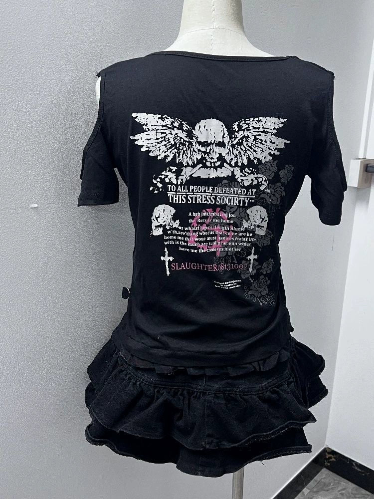 Black Skull Tie Subculture Punk Y2K E-girl Shibuya Girl Abi American Retro Print Light Subculture Short Sleeve Top