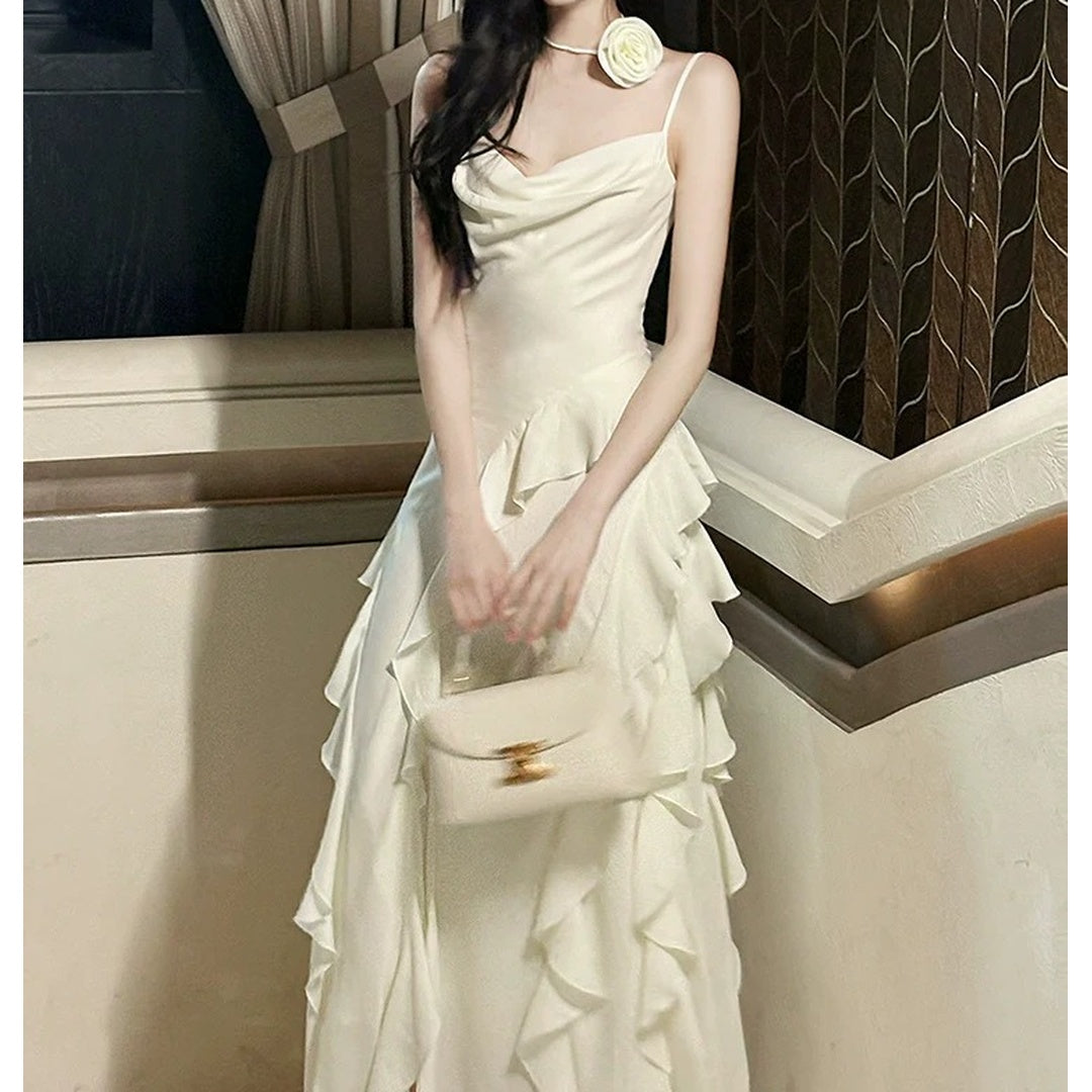 French Asymmetrical Spaghetti Strap Ruffle Gown Dress