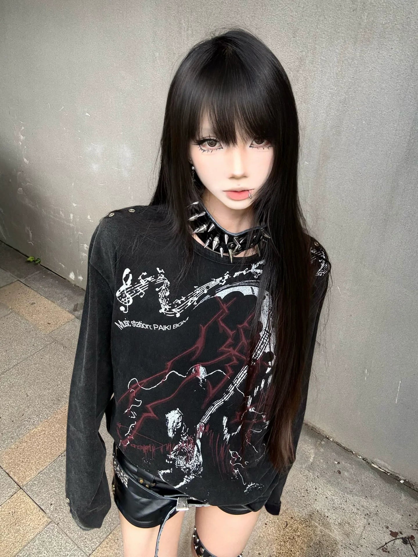 Y2K Subculture Vintage Wash Long Sleeve Tee Distressed Visual Kei Top
