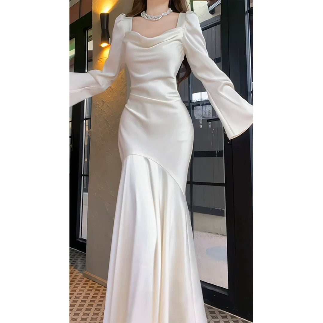 French Satin Mermaid Tail Dress White Engagement Party Evening Gown