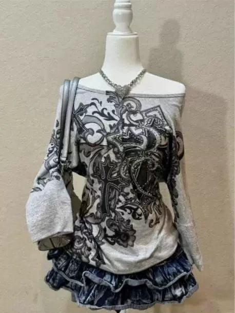 Gray Gothic Rock Punk Y2K E-girl Cross Print One-Shoulder Rhinestone Short Sleeve Top