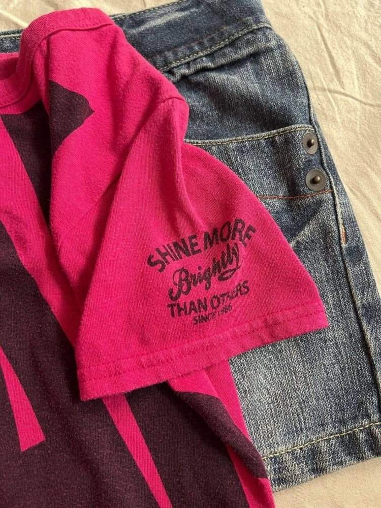 Magenta Subculture Y2K Abi E-girl American Retro Letter Print Slim Short Sleeve Top