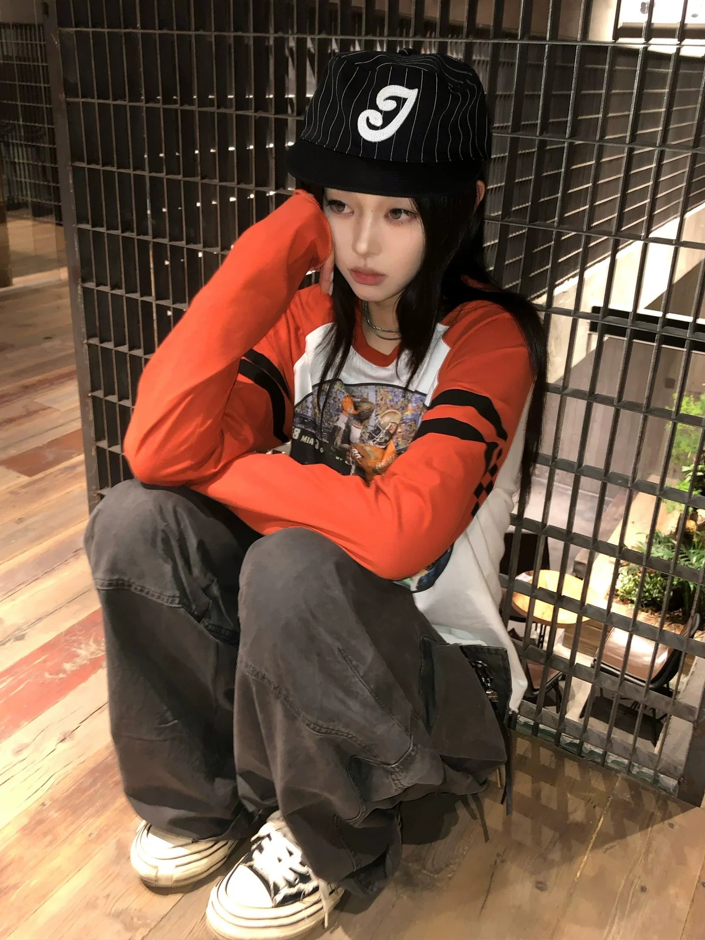 Retro White and Orange Color Block Raglan Long Sleeve Top