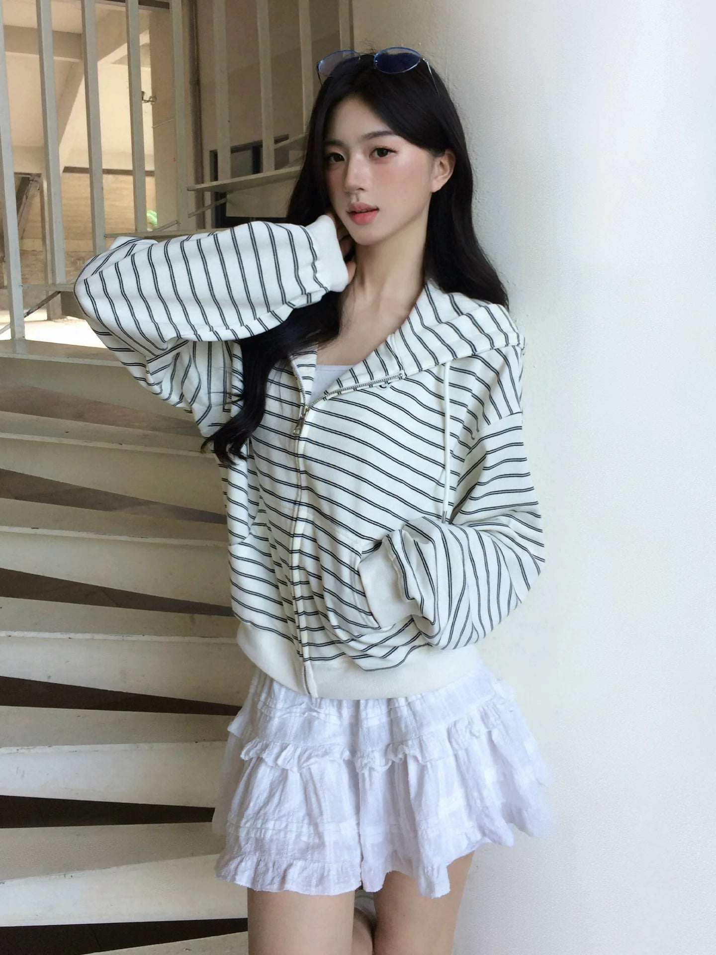 Korean Lazy Chic Striped Hoodie Cropped Zip-Up Sweatshirt