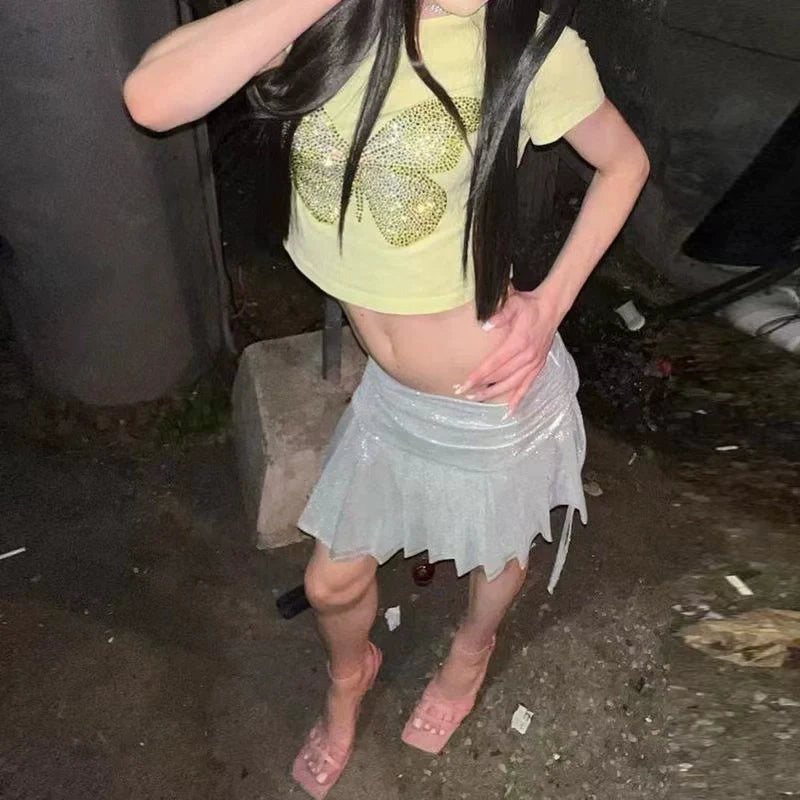 Yellow Cropped Butterfly Rhinestone Slim Y2K T-Shirt