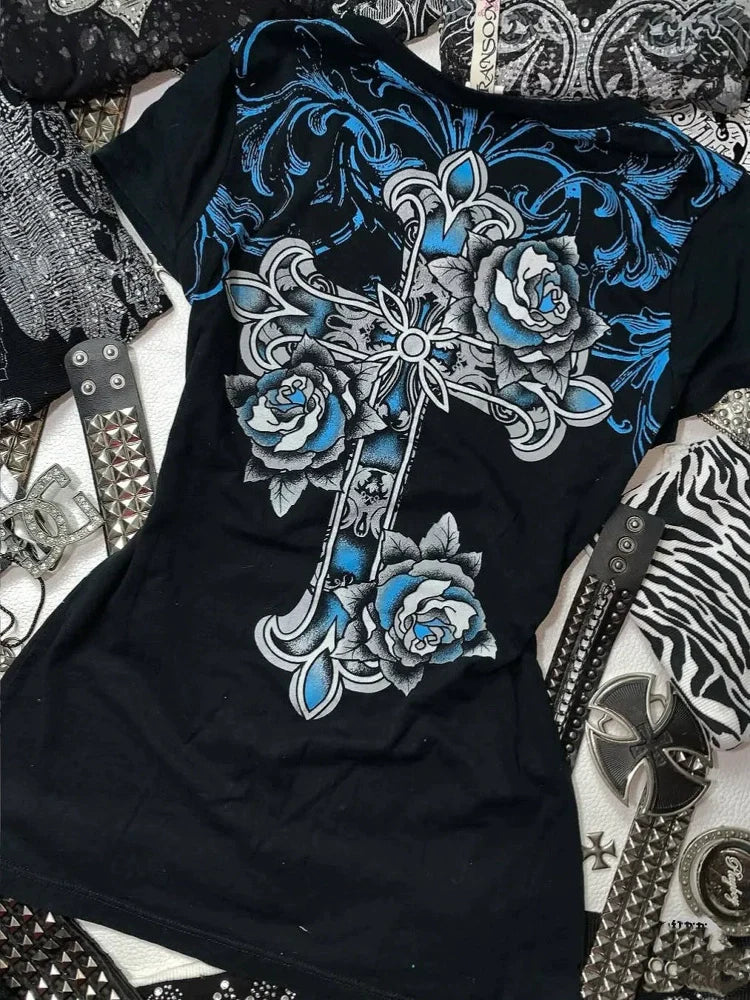 Blue Cross Print Subculture Rock Punk Y2K Abi American Retro V-neck Short Sleeve Top