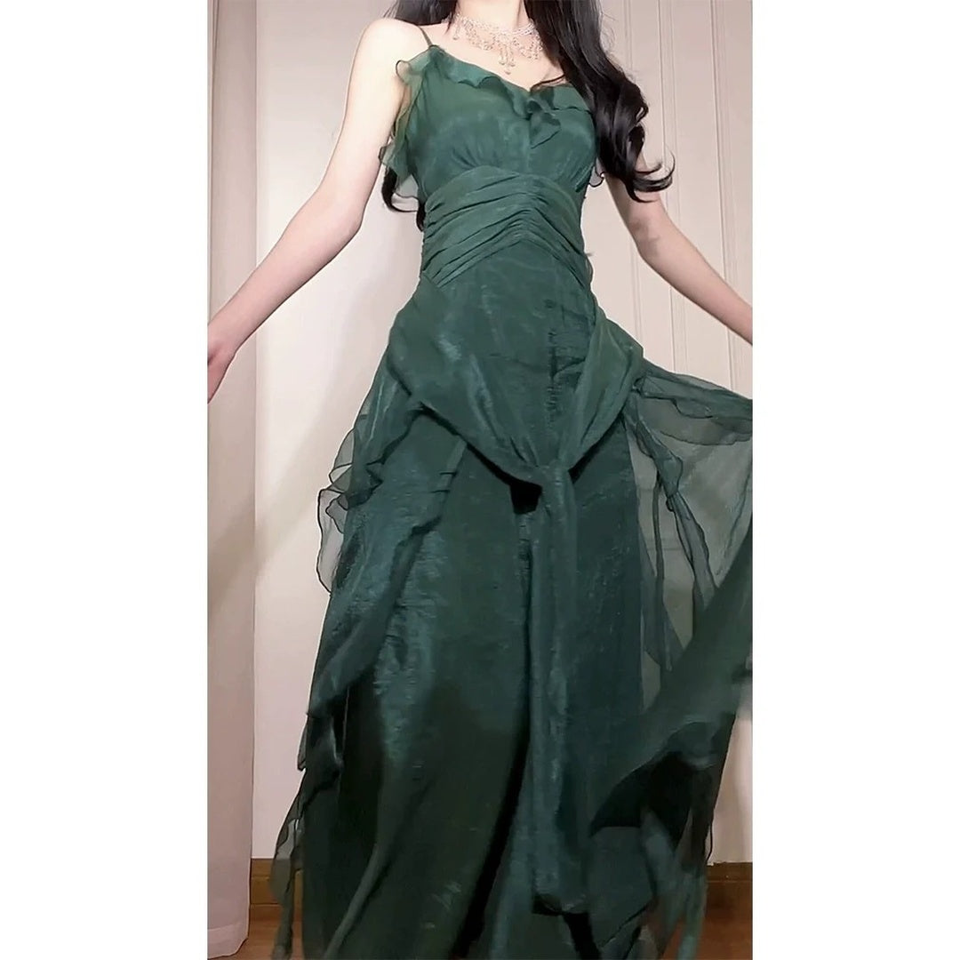 Green Design Patchwork Ruffle Spaghetti Strap Gown Dress