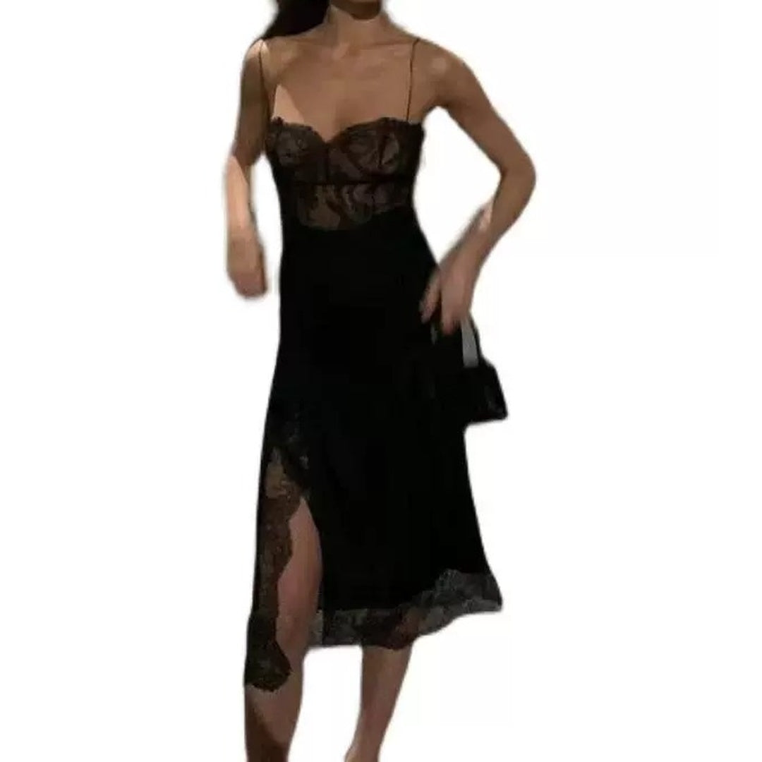 French Lace Contrast Spaghetti Strap Party Gown Dress