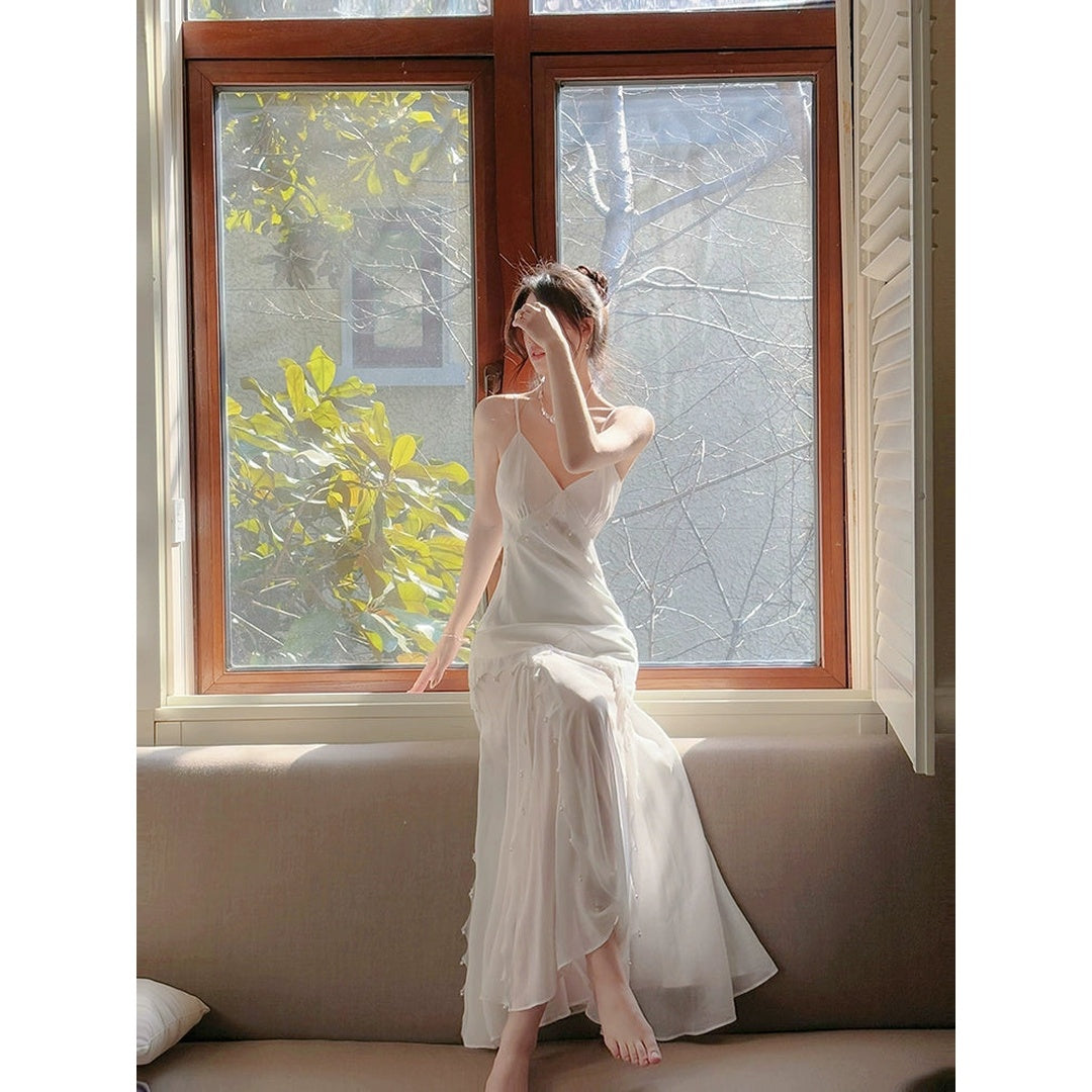 French White Pearl Mermaid Gown Dress