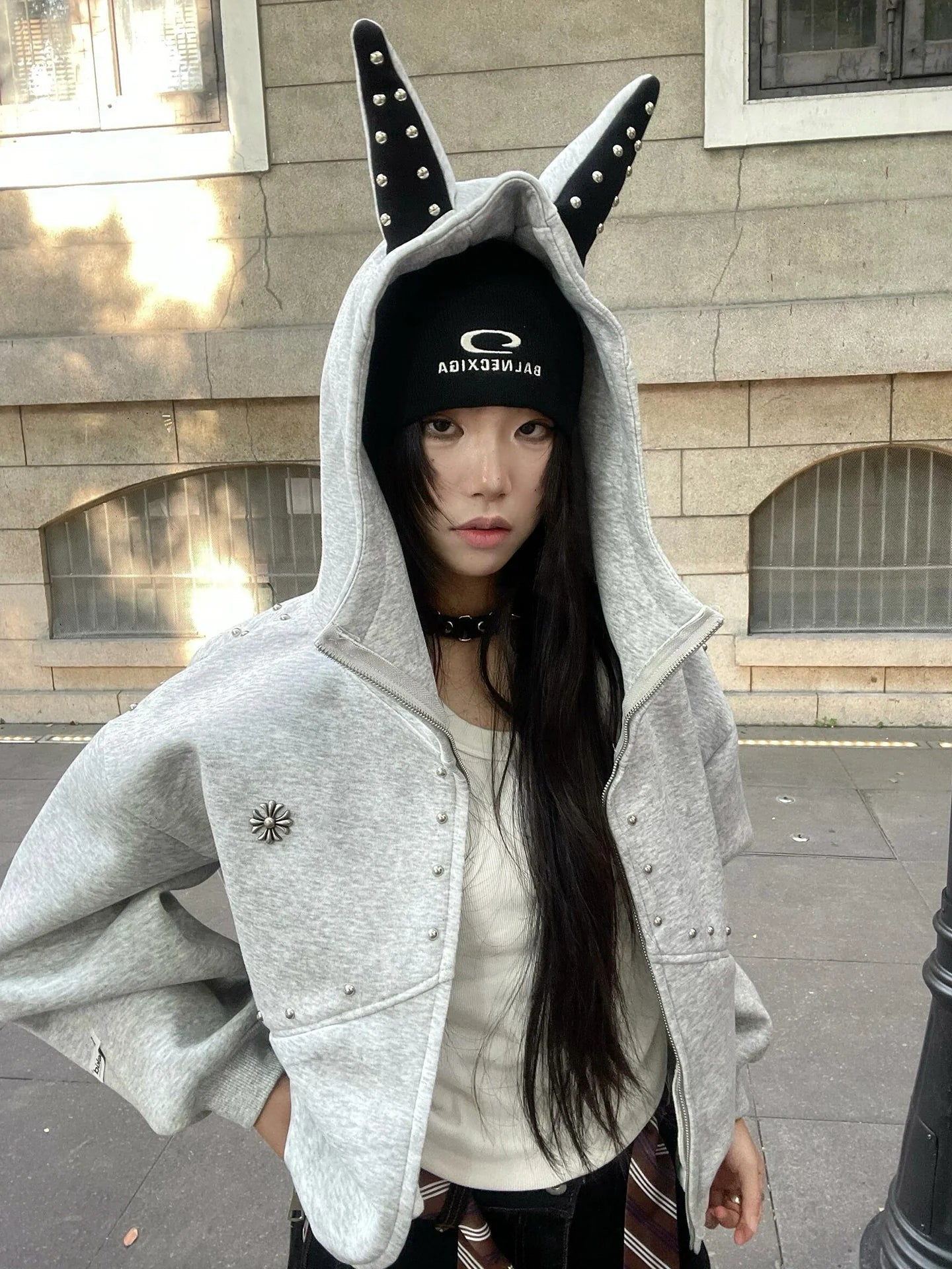 Retro Doberman Studded Zip Up Hoodie Loose Fit Streetwear Top