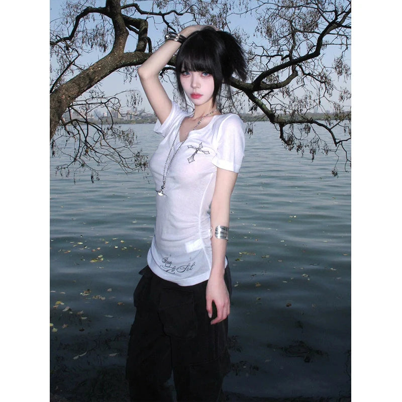 Retro White V Neck Cross Print Short Sleeve Top