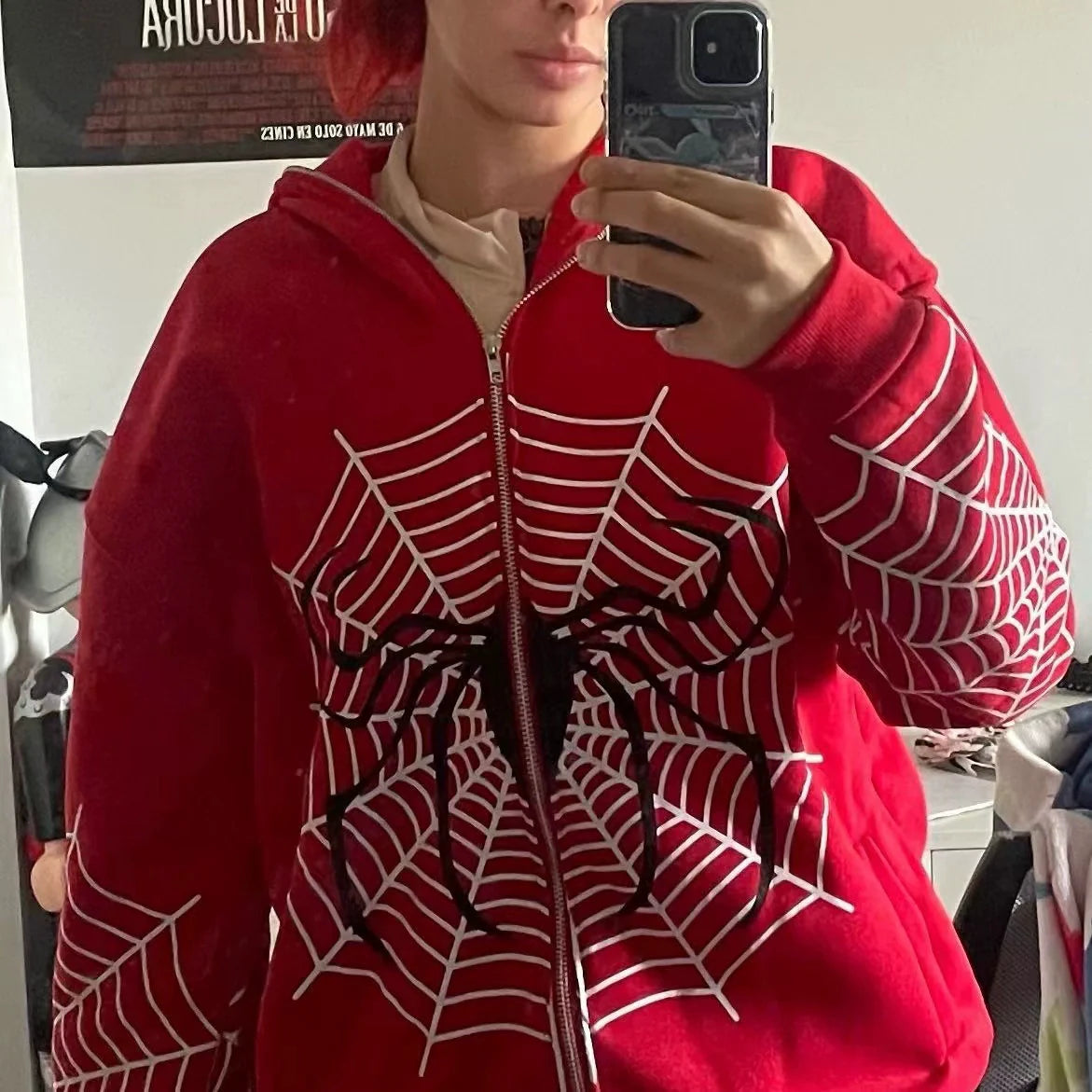 Red Y2K Punk Spider-Web Zip-Up Hoodie