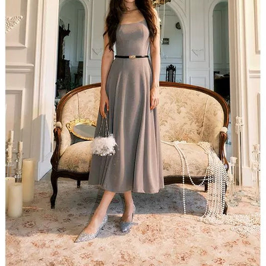 French Light Luxury Shimmer Knit Spaghetti Gown Dress