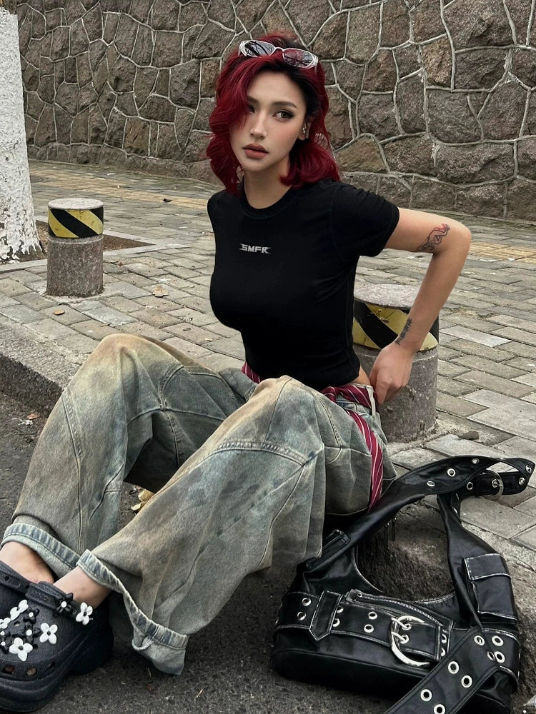 American Black Fitted Short Sleeve Tee Summer Stretch Cotton 40s Tight Crop Top