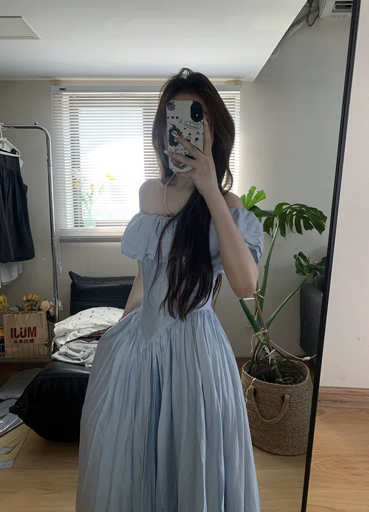 Blue Ruffled Sleeve Off-The-Shoulder French Retro Dress