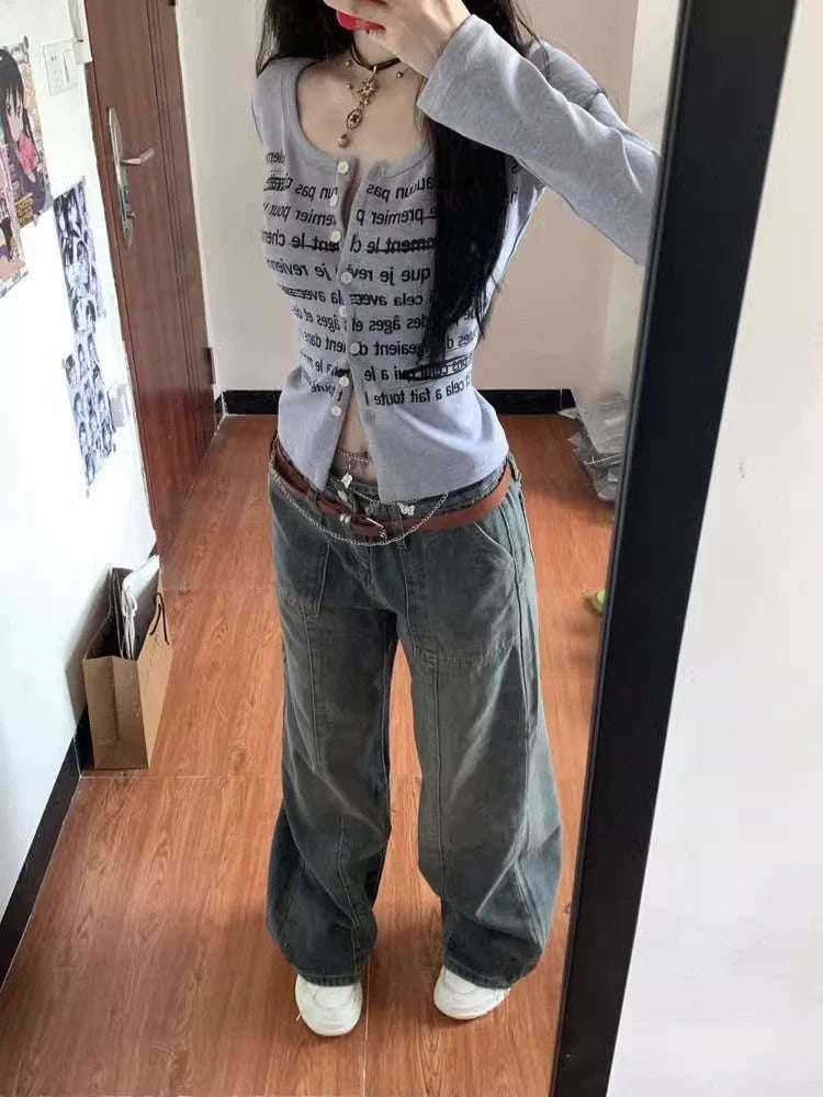 Gray Letter Print Light Subculture Y2K E-girl American Retro Long Sleeve Top