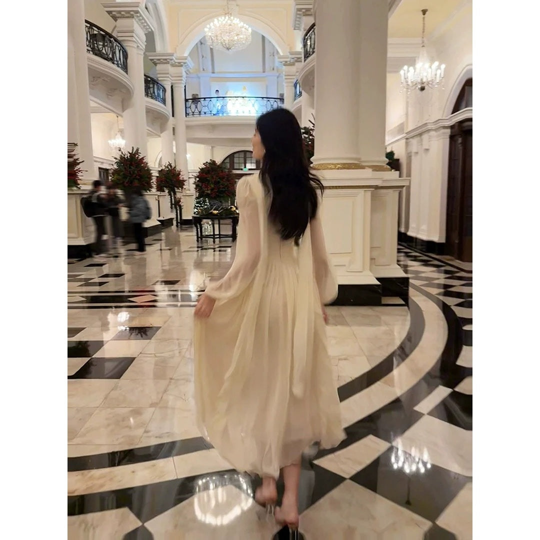 White Long Sleeve Gown with Ruffle Details Prom Dress