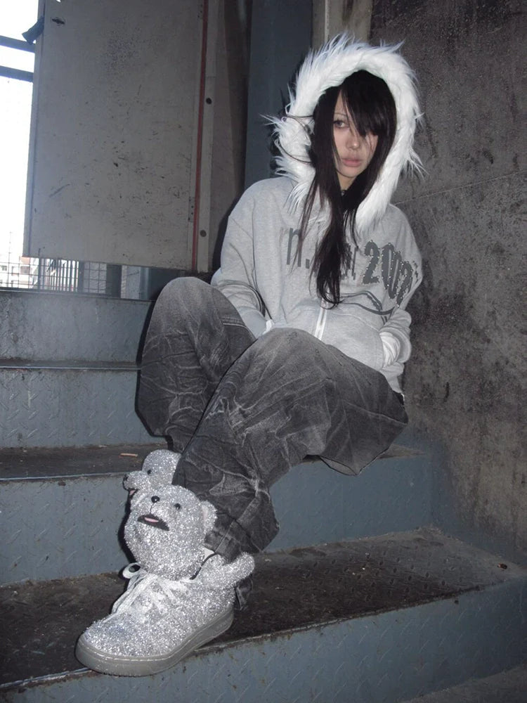 Y2K Visual Kei Fur-Lined Hoodie Autumn-Winter Heavyweight Short Zip-Up Pullover