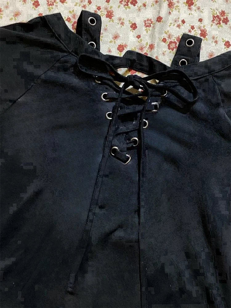 Black Subculture Punk Y2K E-girl Retro Print Drawstring Slim-Fit Waist Short Sleeve Top