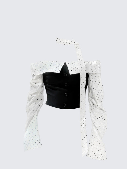 Korean Polka Dot Ballet Off-Shoulder Tee