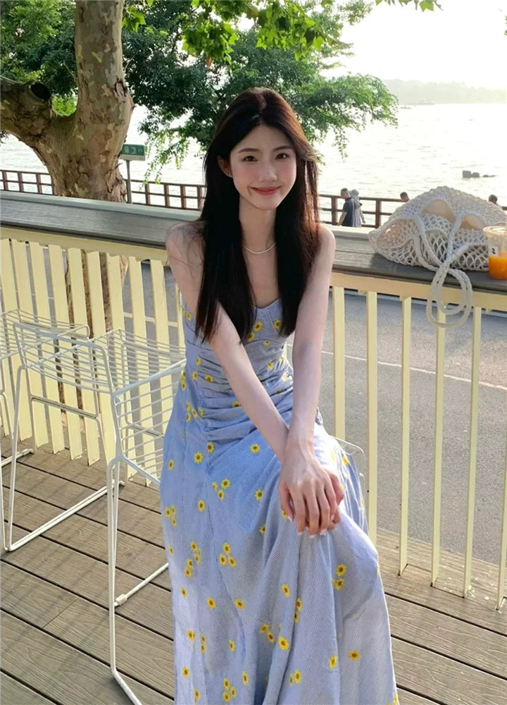 Striped Halter-Neck Open-Back Maxi Dress