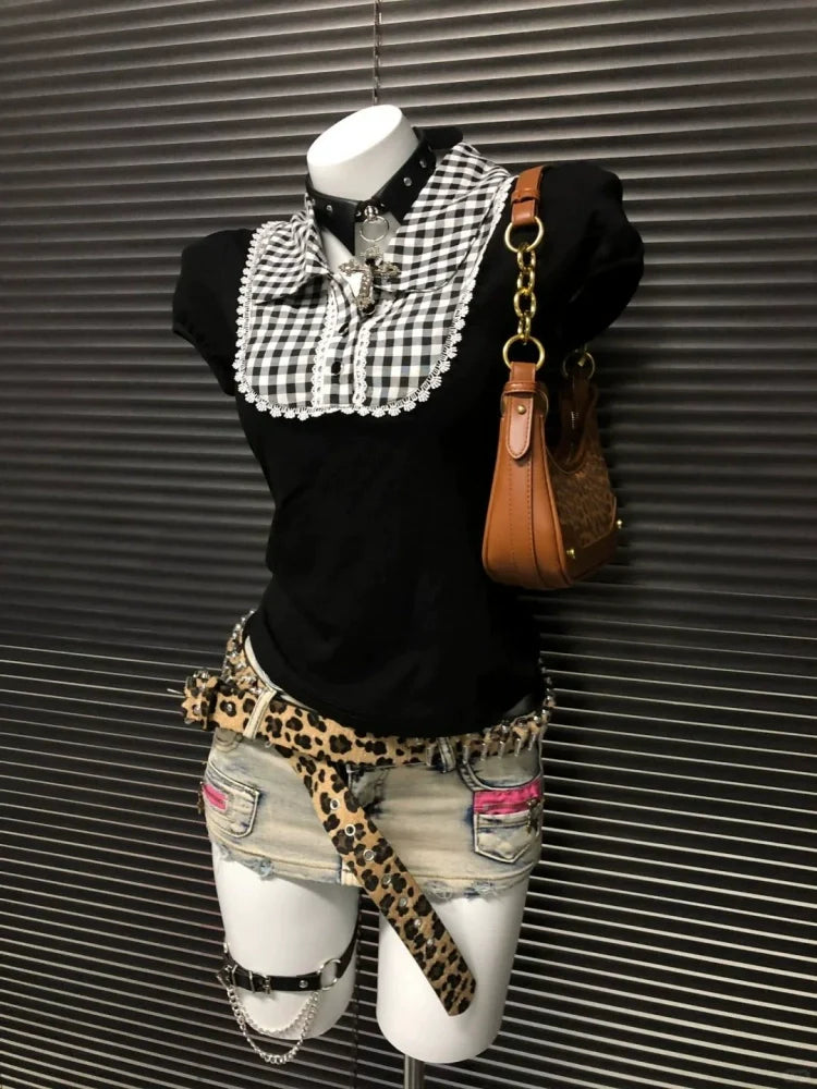 Plaid Fake Two-Piece Slim Y2K T-Shirt