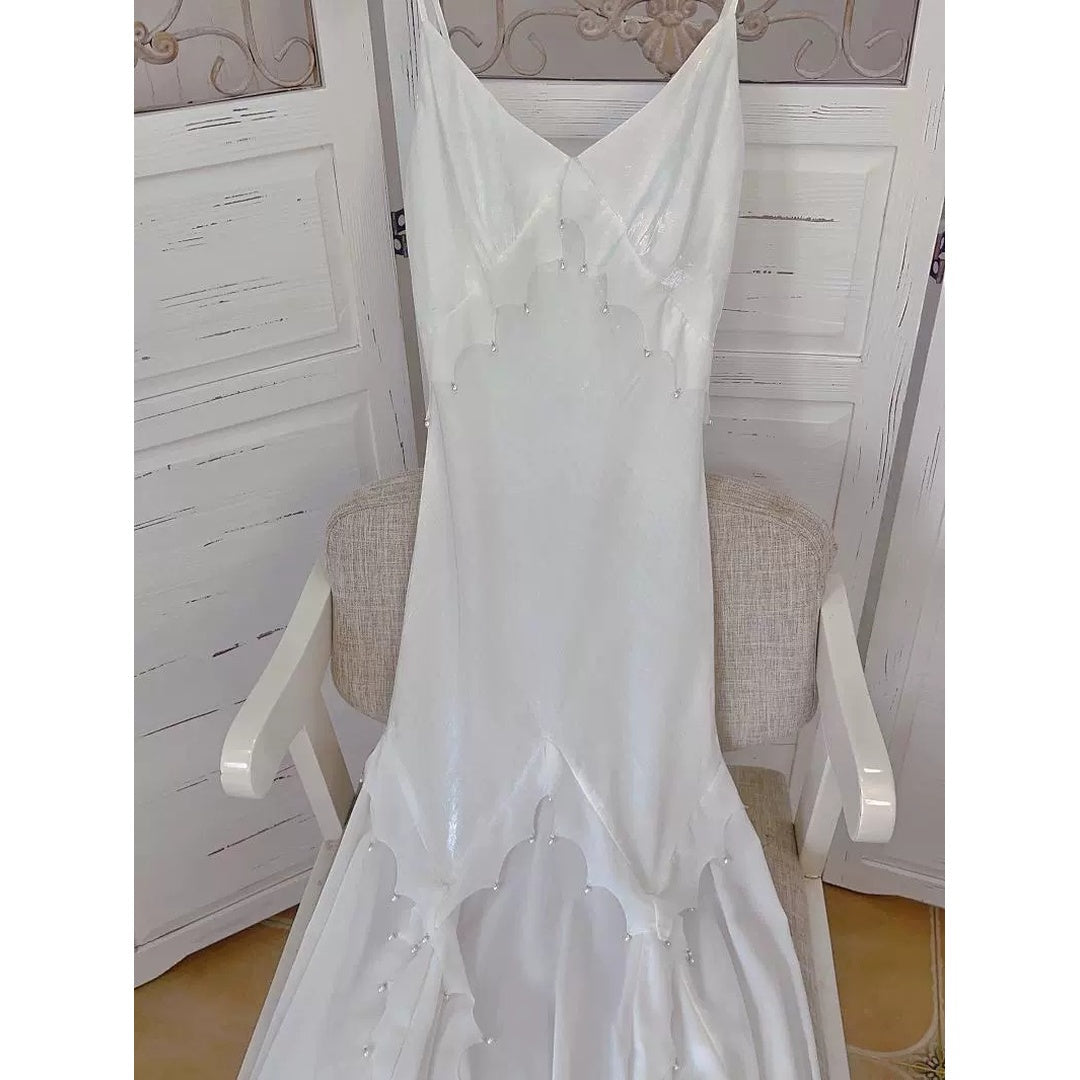 Mermaid White French Luxury Spaghetti Strap Gown Dress