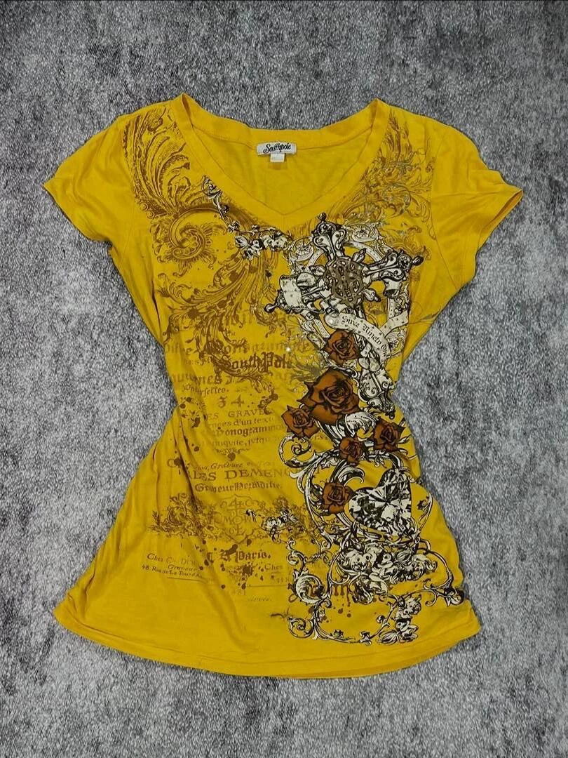 Yellow Baroque Rose Print V-Neck Y2K T-Shirt