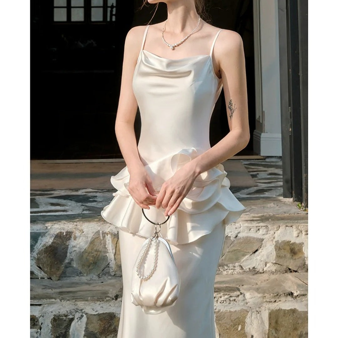 French Floral Satin Spaghetti Gown Dress – High-End Party Dress